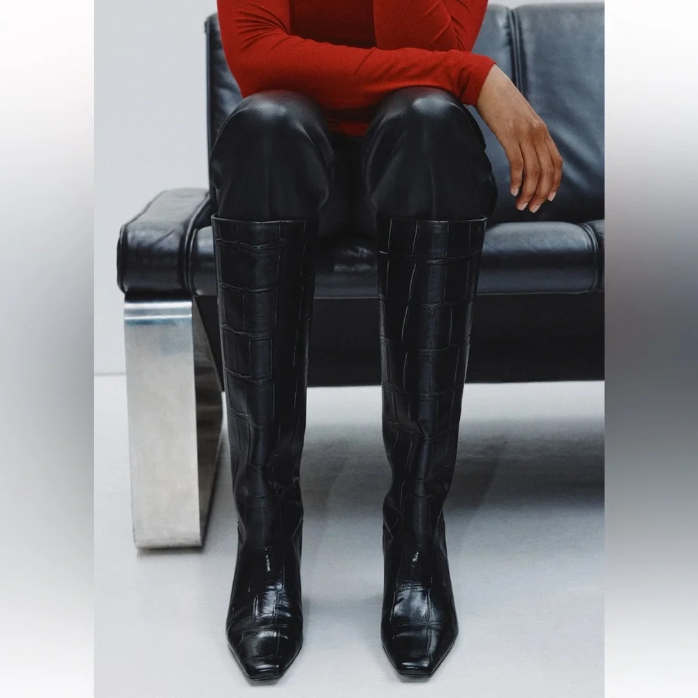 BNWT H&M Croc Black Knee-High Boots - Picture 2 of 12